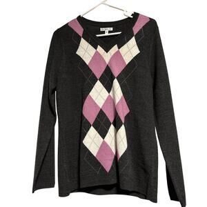 Croft & Barrow Diamond Print‎ Pullover Cardigan Sweater Gray Pink Size M